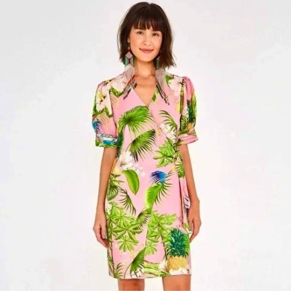 Farm Rio Pink Tropical Floral Wrap Dress Puff Sleeve Tie Waist Size M - Picture 1 of 12